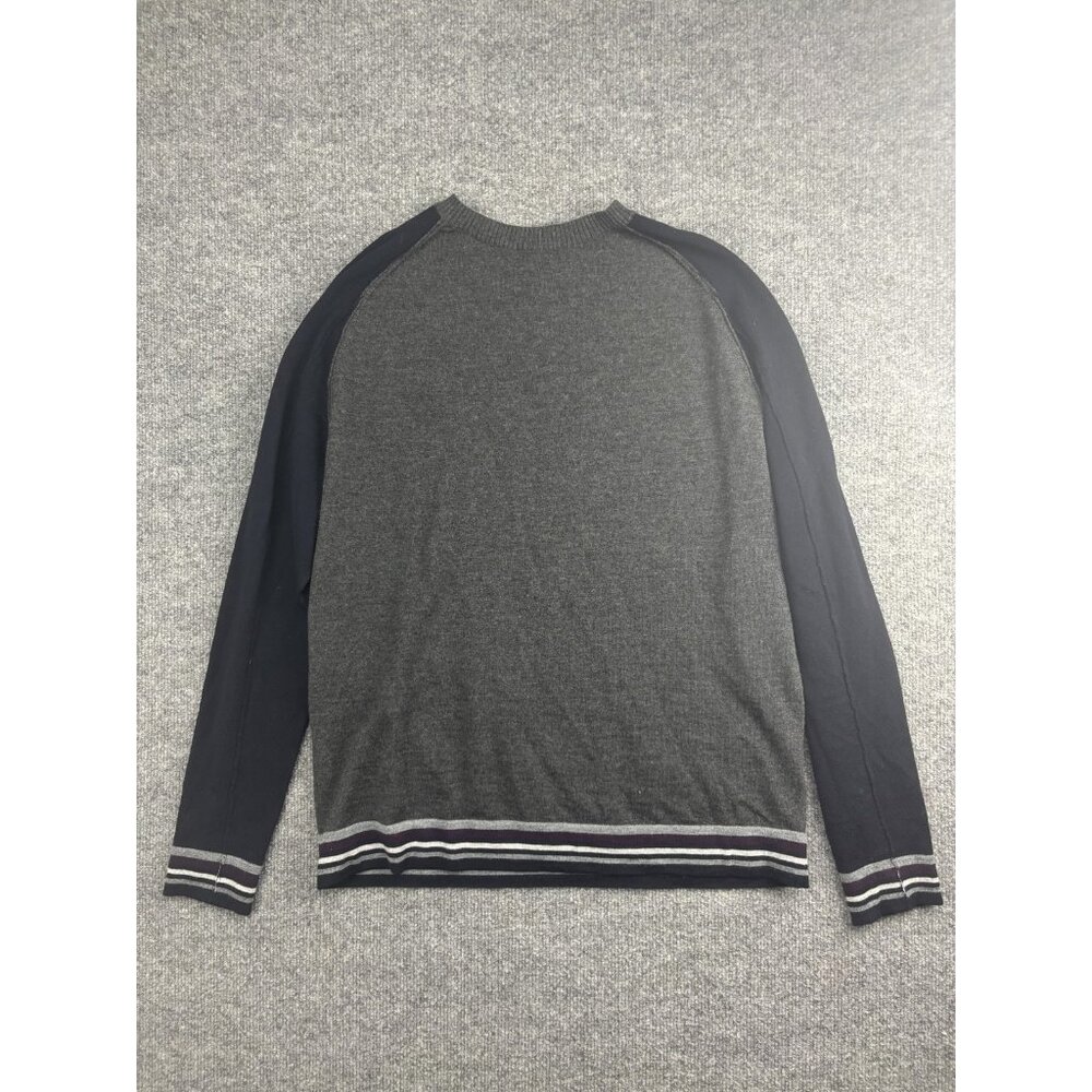 Good Man Brand Sweater Mens Large Gray Navy Merino Wool Pullover Crewneck Stripe